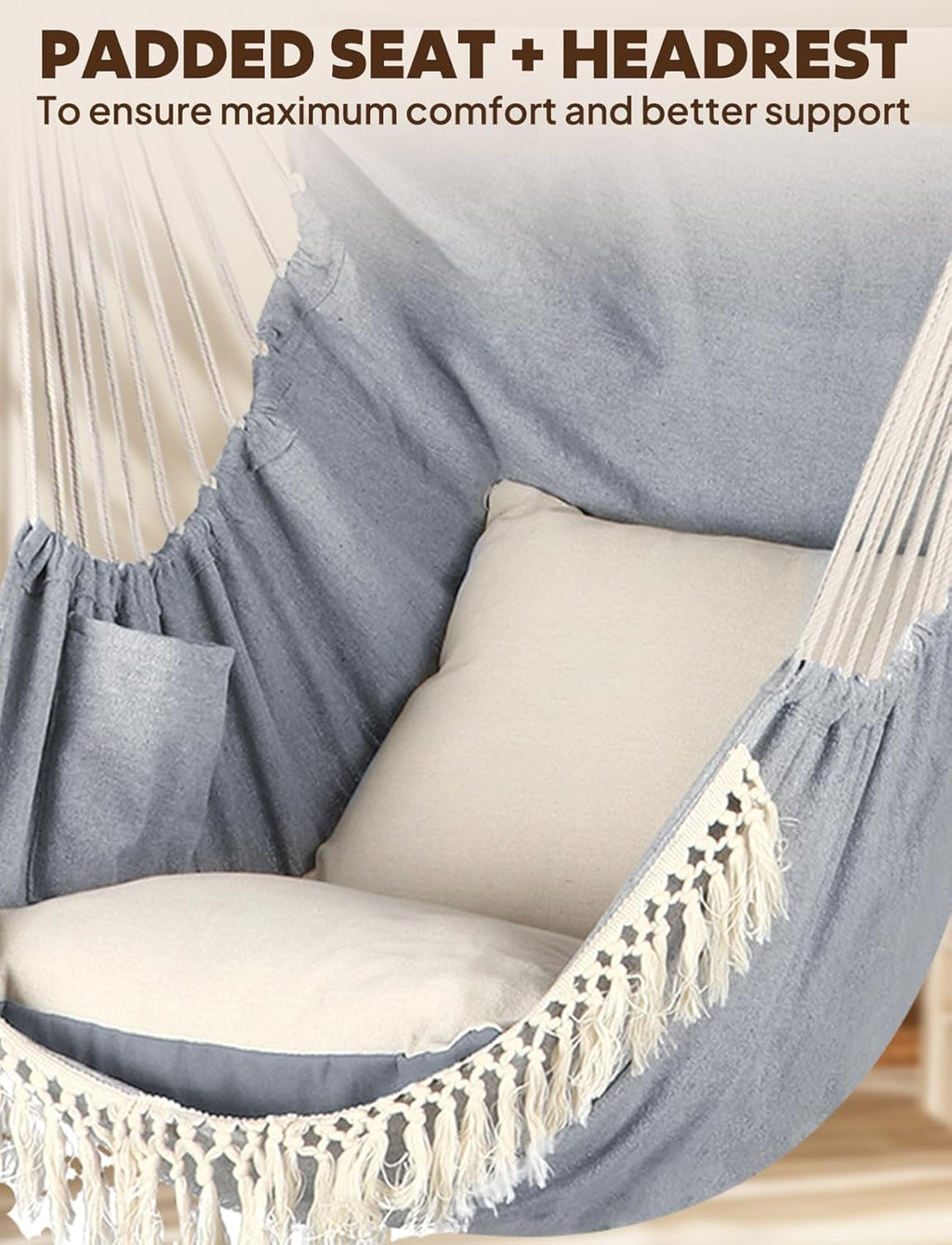 Hammock Chair Hanging Seat 2 Pillows Included,Durable Stainless Steel Spreader Bar Portable Hanging Chair Side Pocket Large Macrame Chair Set Quality Cotton Weave for Comfort Indoor Outdoor