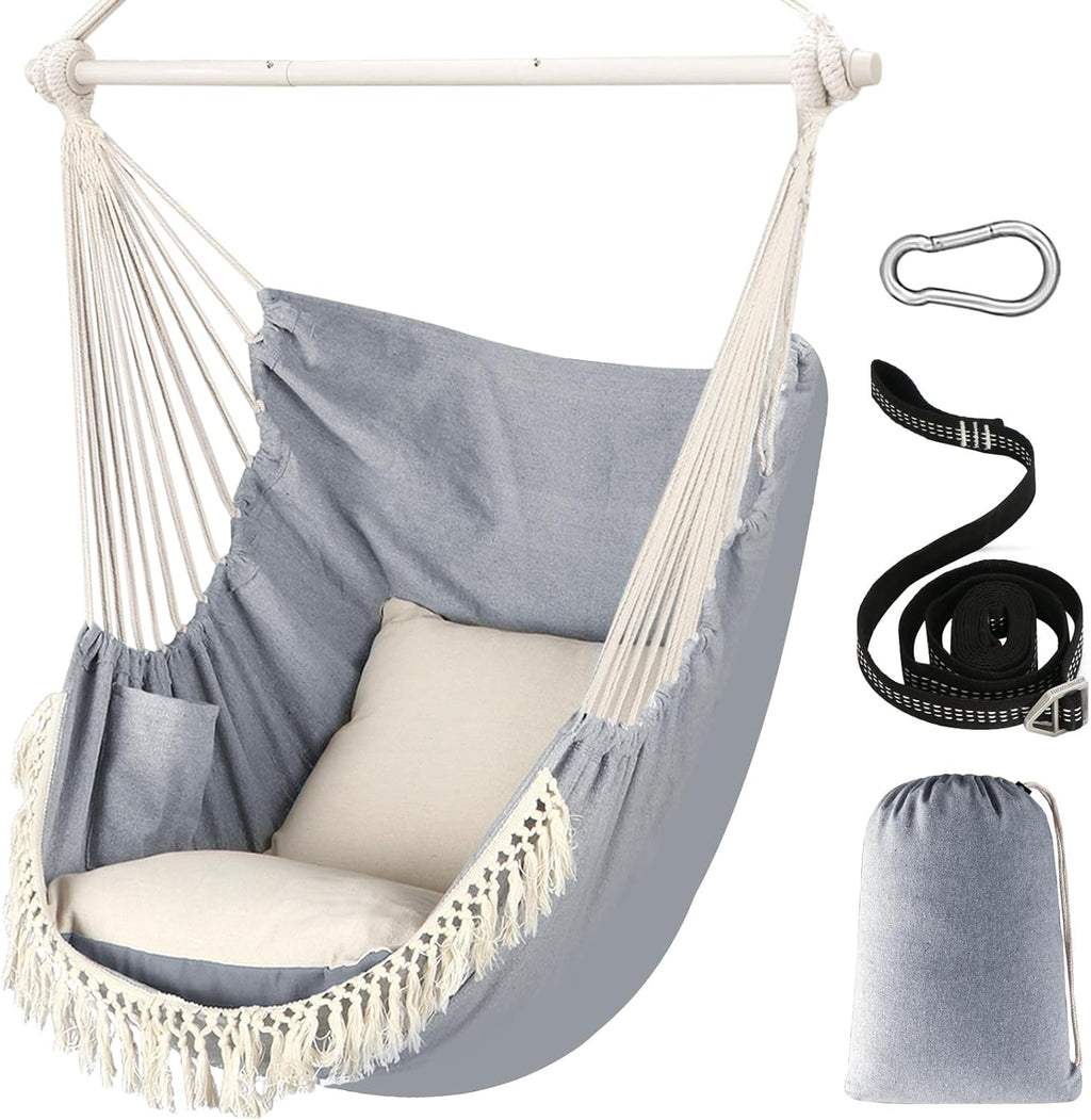 Hammock Chair Hanging Seat 2 Pillows Included,Durable Stainless Steel Spreader Bar Portable Hanging Chair Side Pocket Large Macrame Chair Set Quality Cotton Weave for Comfort Indoor Outdoor