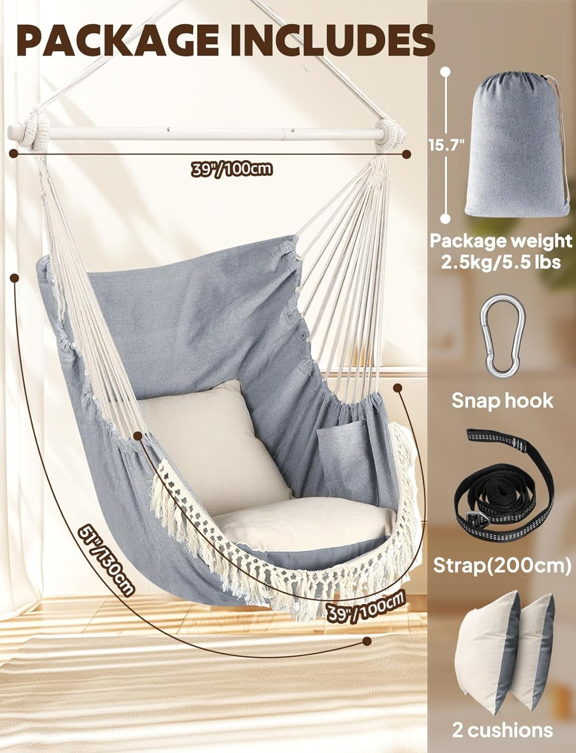 Hammock Chair Hanging Seat 2 Pillows Included,Durable Stainless Steel Spreader Bar Portable Hanging Chair Side Pocket Large Macrame Chair Set Quality Cotton Weave for Comfort Indoor Outdoor