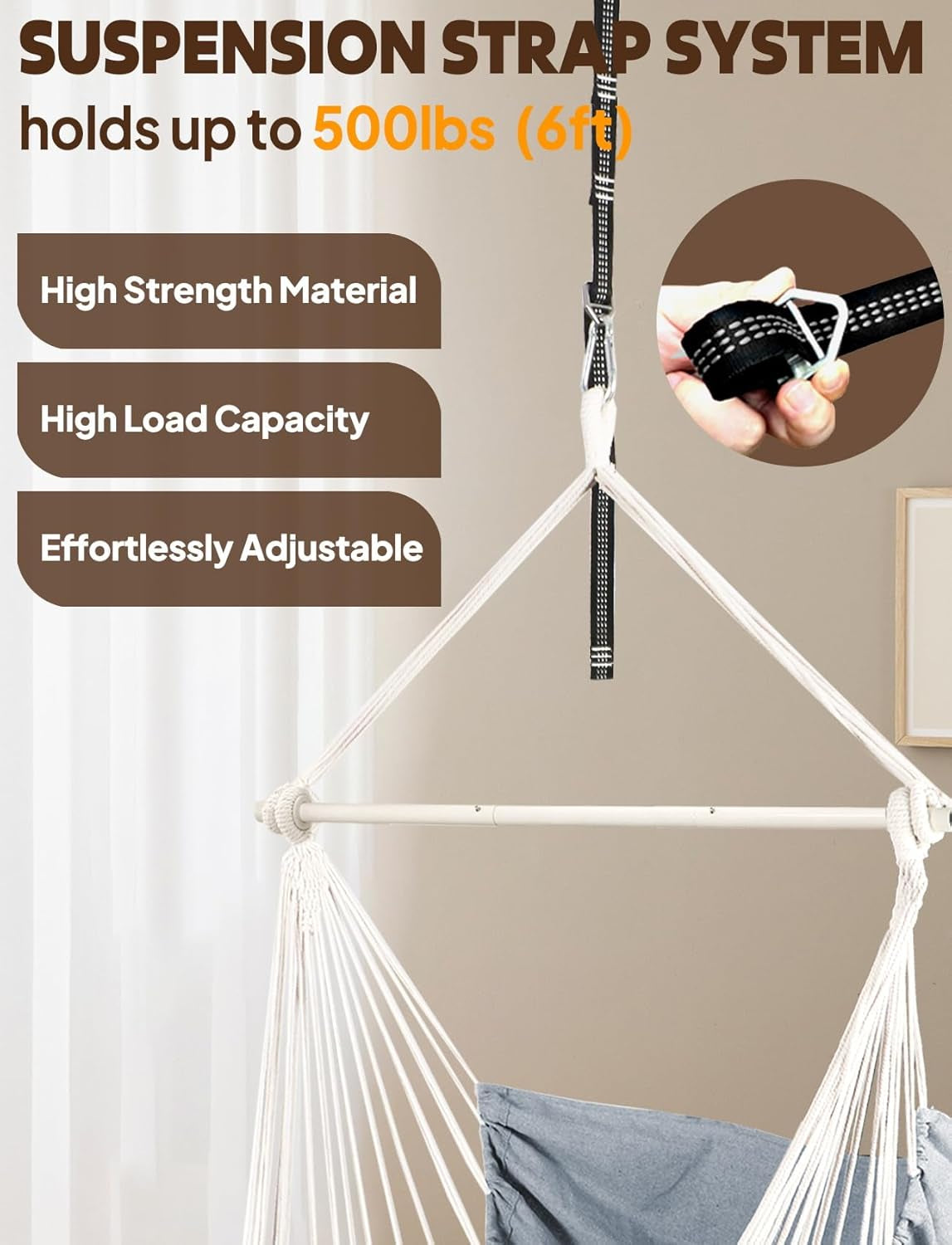 Hammock Chair Hanging Seat 2 Pillows Included,Durable Stainless Steel Spreader Bar Portable Hanging Chair Side Pocket Large Macrame Chair Set Quality Cotton Weave for Comfort Indoor Outdoor