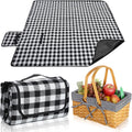Picnic Basket Natural Woven Woodchip Basket with Double Folding Handles with Gingham Fabric, Picnic Blanket Handy Picnic Mat for Easter Camping on Grass Supplies (Black and White Grid)
