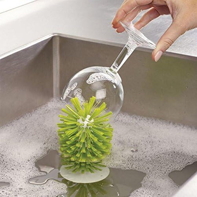 Brush-Up Glass Brush with Suction Cup Upright Stays in Sink Bristle Scrub Kitchen Bottle Cleaning Washing (Green)